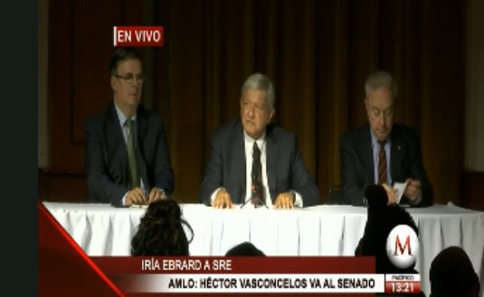 Andrés Manuel López Obrador nomina a Marcelo Ebrard como secretario de Relaciones Exteriores.