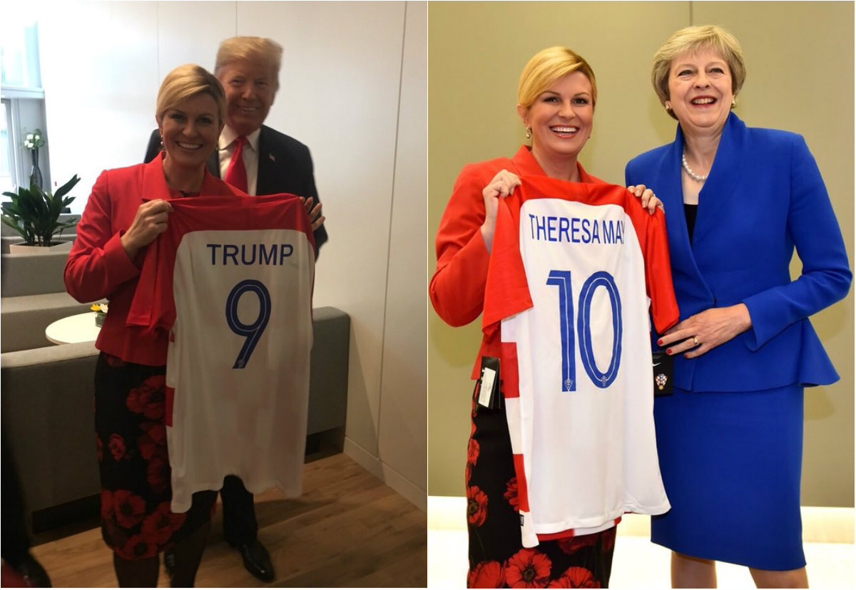 Presidenta de Croacia regala playeras de su selección a Trump y May (Twitter @KolindaGK)