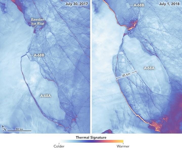 El iceberg se separó hace un año de la plataforma Larsen C, y sigue atorado ahí. (NASA / Europa Press)