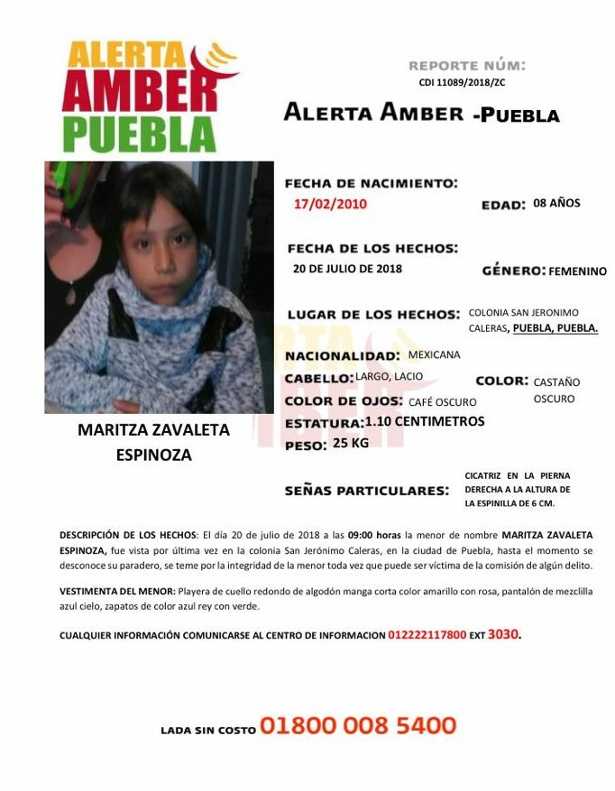 La pequeña Maritza Zavaleta Espinoza, de 8 años de edad, desapareció de su domicilio ubicado en San Jerónimo Caleras, de Puebla (Especial)