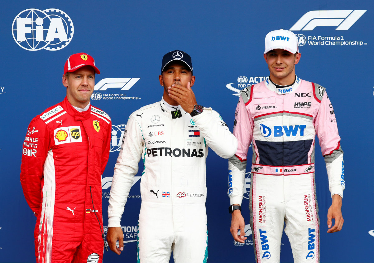 Sebastian Vettel, Lewis Hamilton y Esteban Ocon (Reuters)