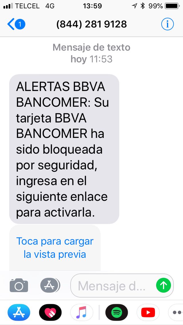 Mensaje fraudulento a nombre de BBVA Bancomer. (Foto: especial)