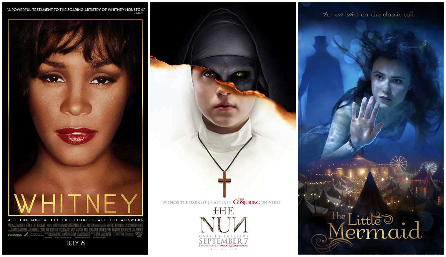 'Whitney', 'La monja' y 'La sirenita' llegan a la cartelera de cine.