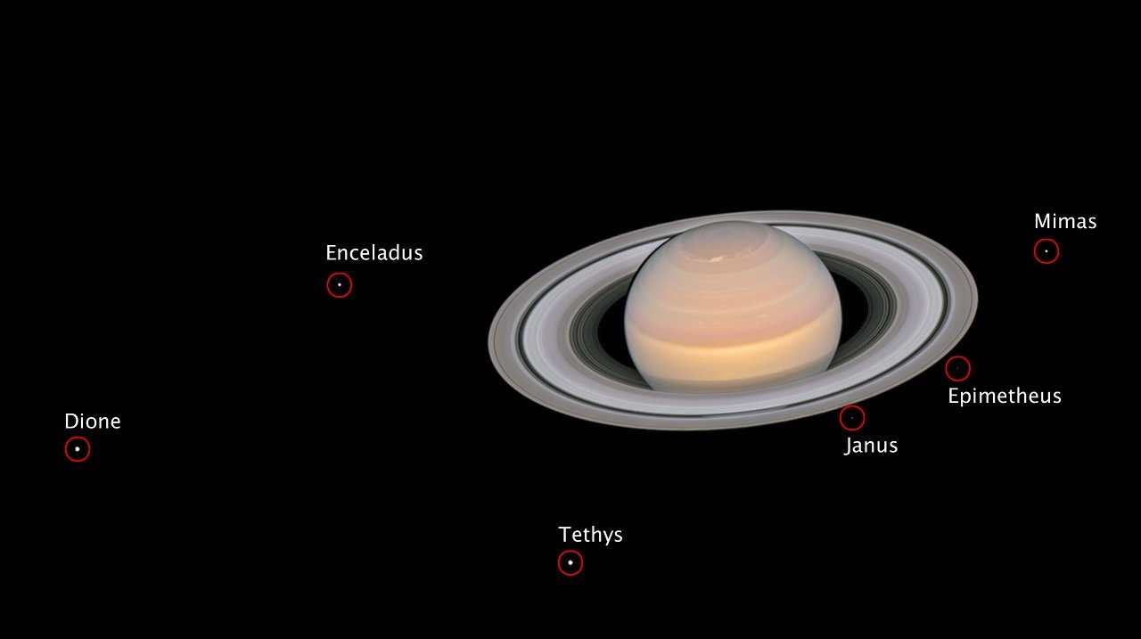 Saturno y sus lunas Dione, Encélado, Tetis, Jano, Epimeteo y Mimas. (NASA)