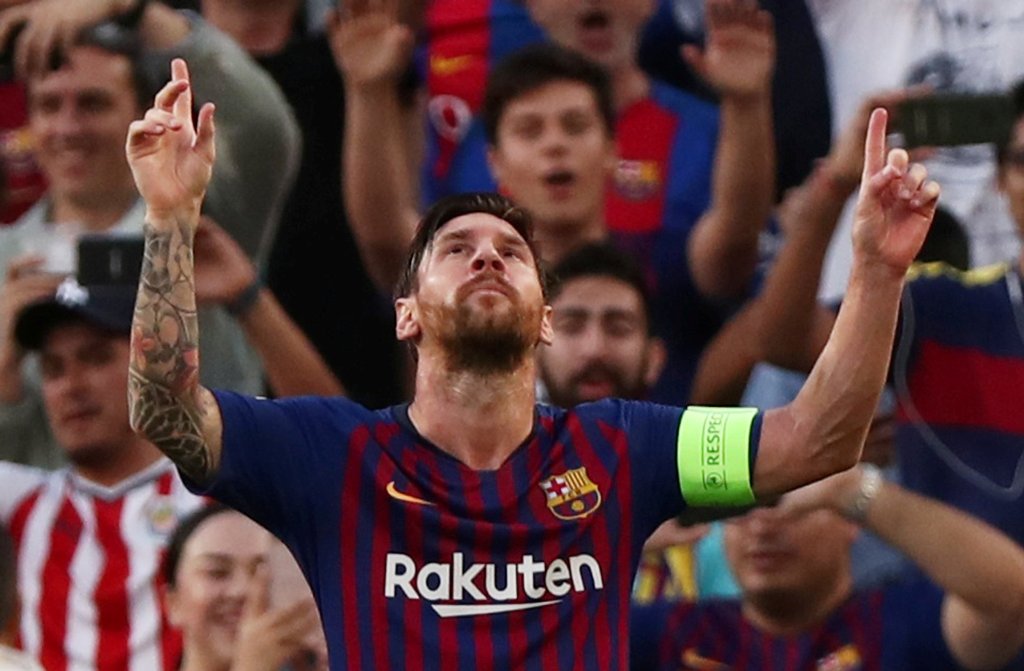 Lionel Messi celebrando el primer gol de la Champions League