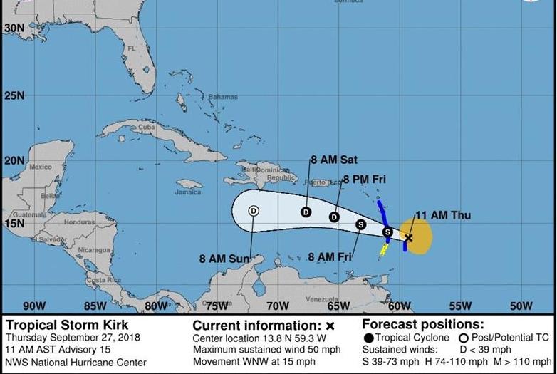 La posible trayectoria de 'Kirk'.