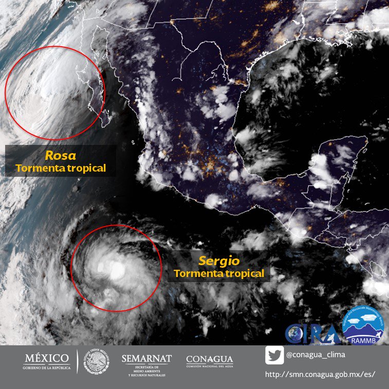 Cerca de las 19:00 horas, el huracán 'Rosa' se debilitó a tormenta tropical. (Twitter: @conagua_clima)