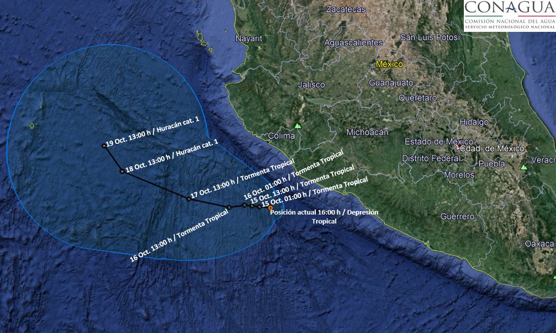 La trayectoria proyectada de la depresión tropical 22-E (@conagua_clima)