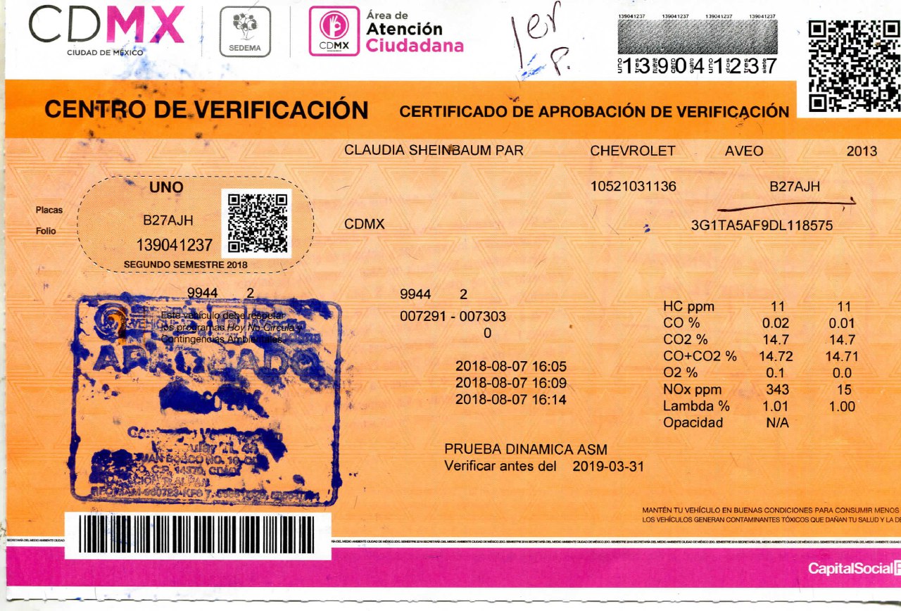 Verificentro de auto de Claudia Sheinbaum. (Especial)