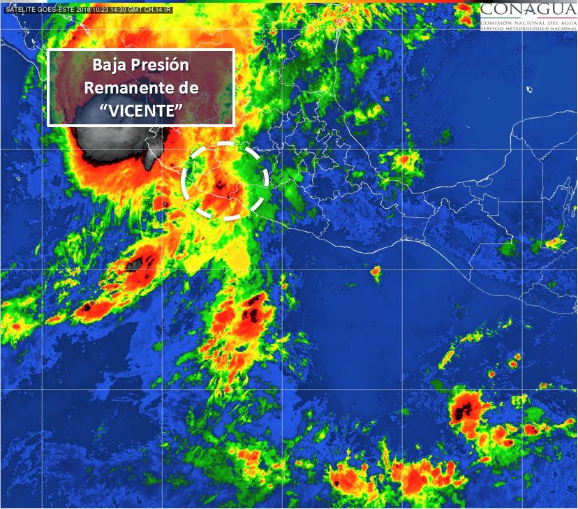 'Vicente' se degradó a a baja presión remanente. (Tomada de @conagua_clima)