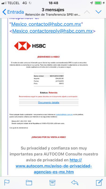 Correo fraudulento a nombre de HSBC. (Foto: especial)