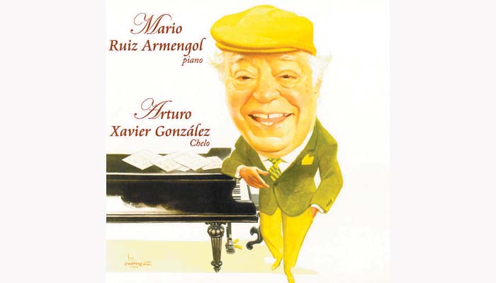 Portada del disco de Mario Ruiz Armengol con el chelista Arturo Xavier González, ilustrado con un dibujo de Luis Carreño.