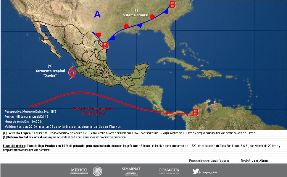 Se prevén rachas de vientos de 50 kilómetros por hora y oleaje de tres a cuatro metros de altura en las costas Colima (@conagua_clima)