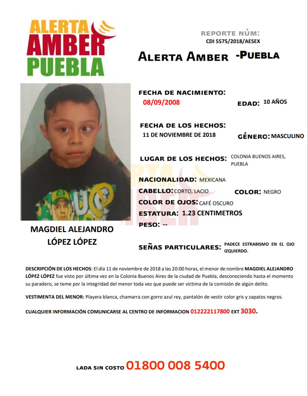 Activan en Puebla la Alerta Amber para localizar a Magdiel Alejandro López López, de 10 años. (Especial)