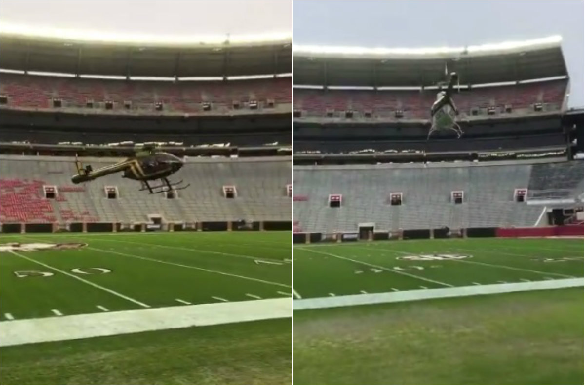 Crimson Tide utilizó dos helicópteros para secar la cancha de su estadio (Twitter @Greg_Byrne)