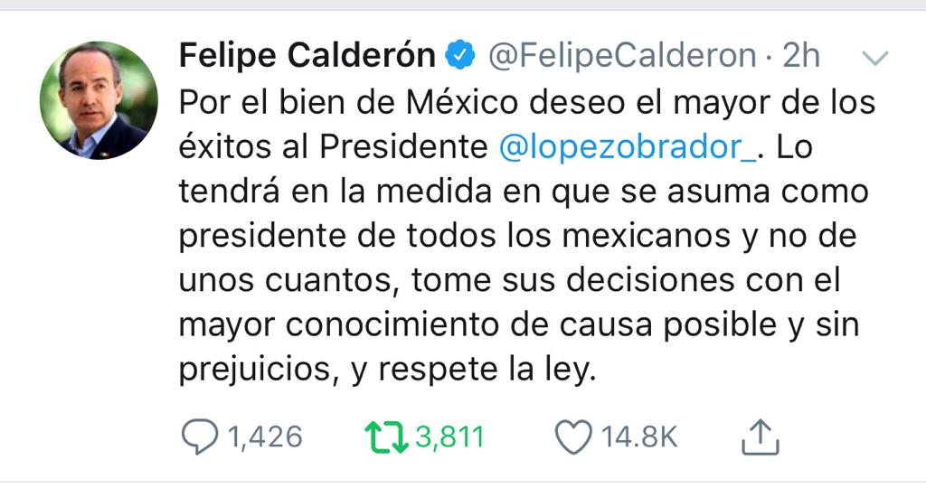 Felipe Calderón le desea suerte al nuevo presidente de México