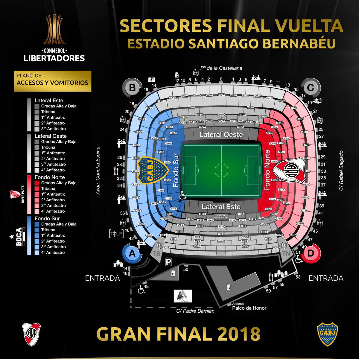 Así dividirán a los aficionados de River y Boca en el Bernabéu (@CONMEBOL)