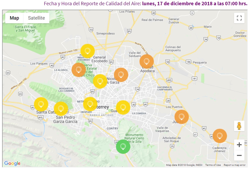 Según el mapa, la mala calidad del aire se concentra al Este.