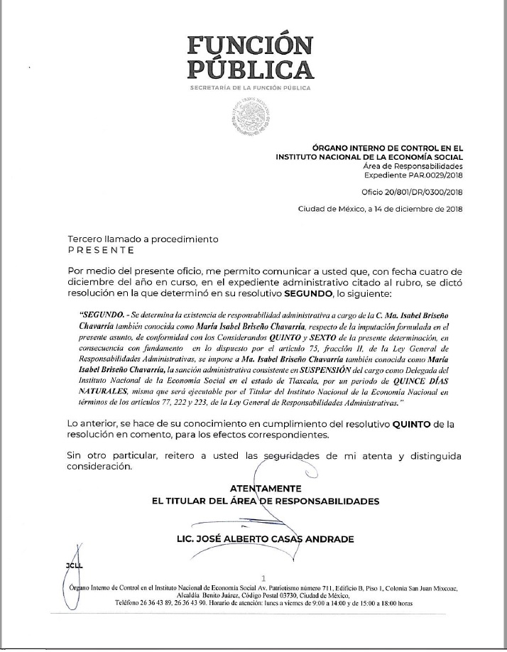 Suspenden a la titular del INAES Tlaxcala, María Isabel Briseño Chavarría, por presuntos actos de corrupción y desvío de recursos (Especial)