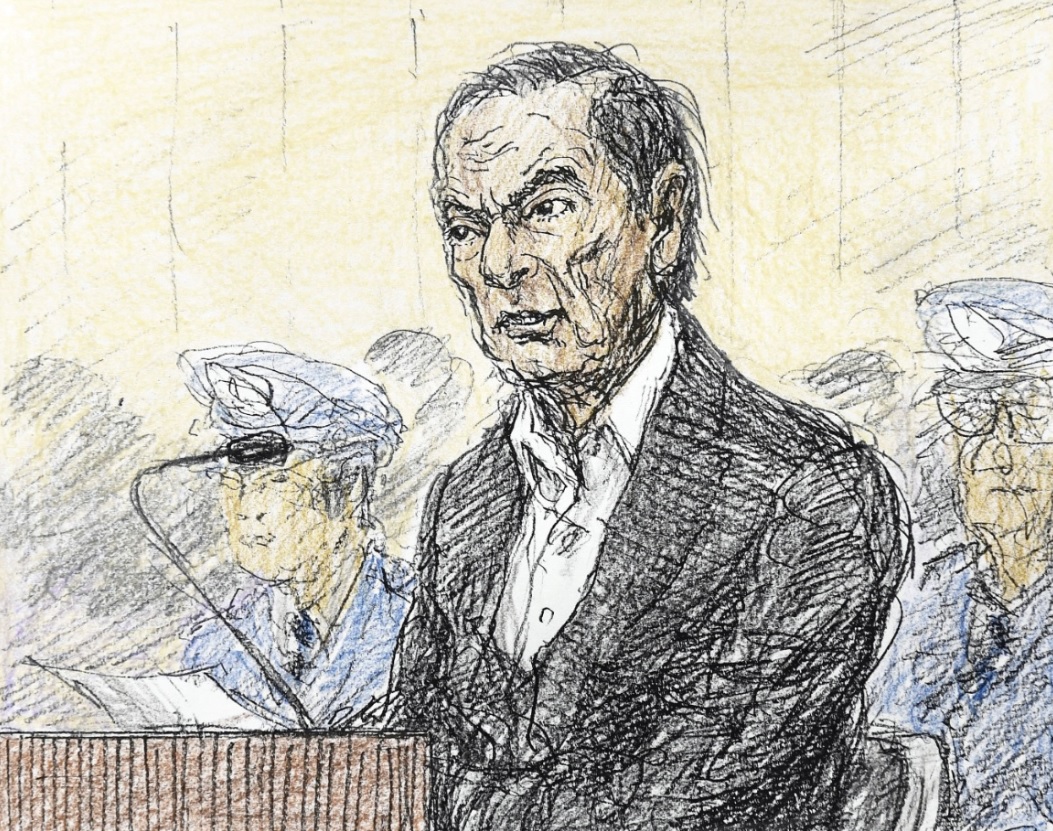 Boceto de la corte del ex presidente de Nissan, Carlos Ghosn, durante una audiencia pública en el Tribunal de Distrito de Tokio. (Foto: Reuters)