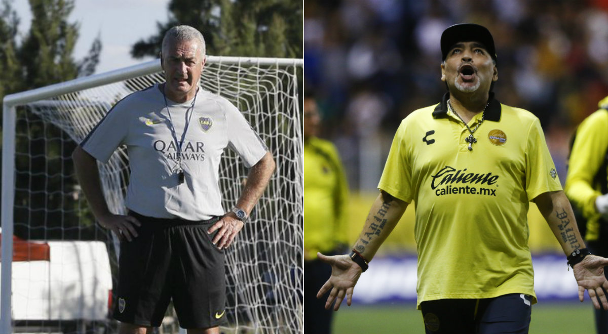 El nuevo técnico de Boca Juniors, Gustavo Alfaro y Diego Armando Maradona (@BocaJrsOficial/Imago7)