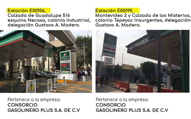 Cuatro gasolineras en las que Pemex encontró más inconsistencias en combustible donado y que presuntamente fue desviado.