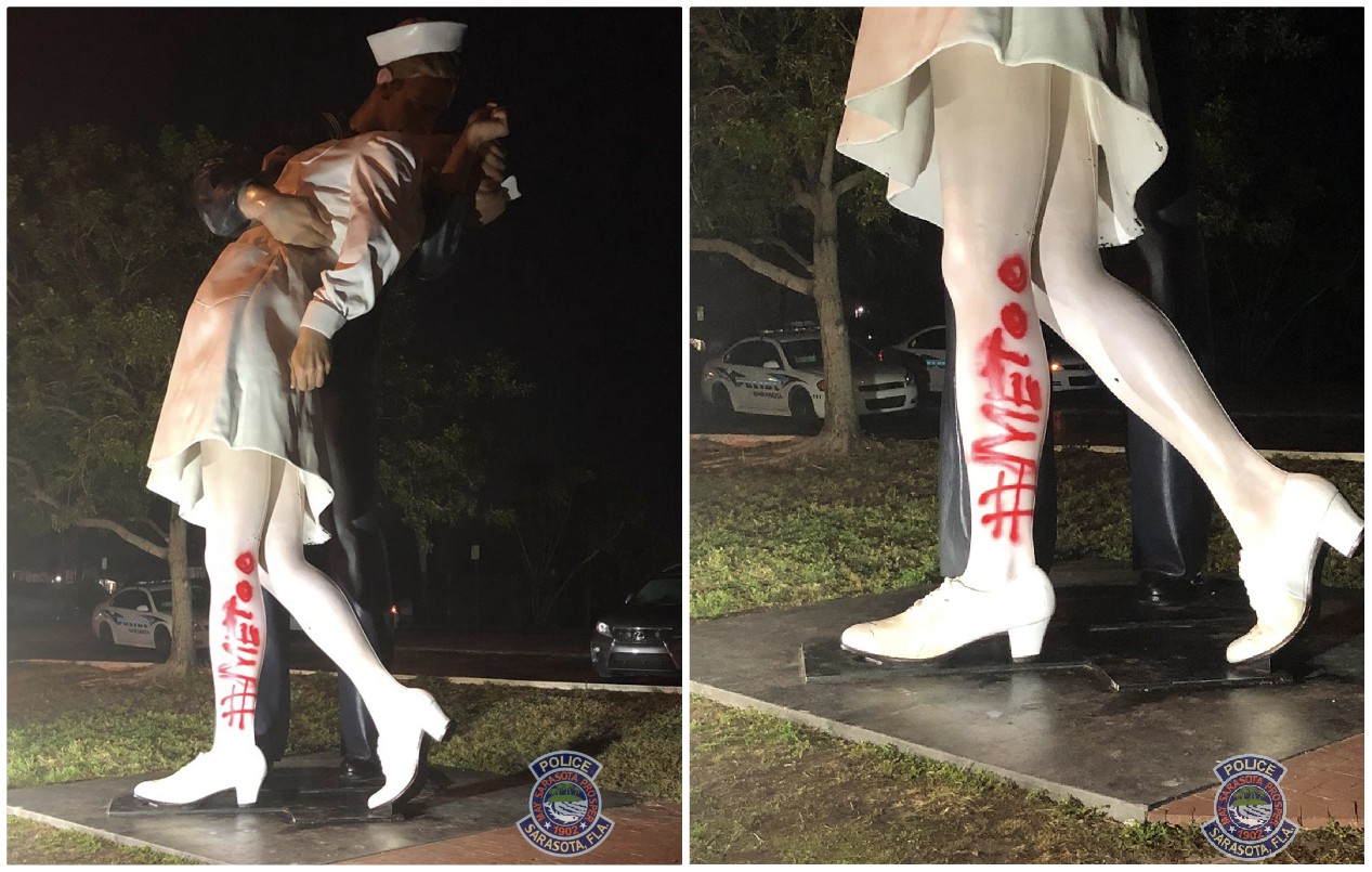 La estatua fue vandalizada con la frase #MeToo. (Twitter @SarasotaPD)