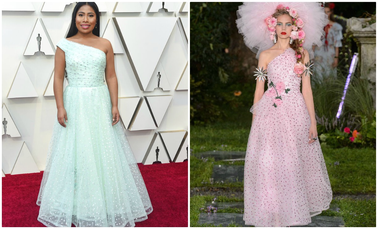 Yalitza Aparicio en los Oscar y Mariana Zaragoza en la pasarela SS19 de Rodarte. (AP/Rodarte)