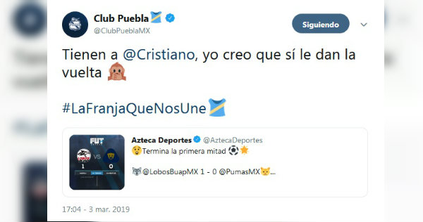Puebla trollea a Azteca Deportes en partido del Lobos BUAP vs Pumas (Twitter @ClubPueblaMX)