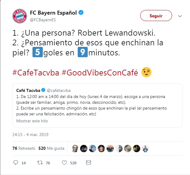 El Bayern Munich le contesta a Café Tacvba (Twitter @FCBayernES)