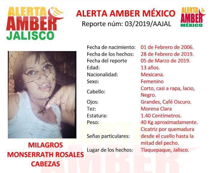 La pequeña lleva el nombre de Milagros Monserrath Rosales Cabezas y fue vista por última vez por su madre en  Tlaquepaque. (Cortesía)