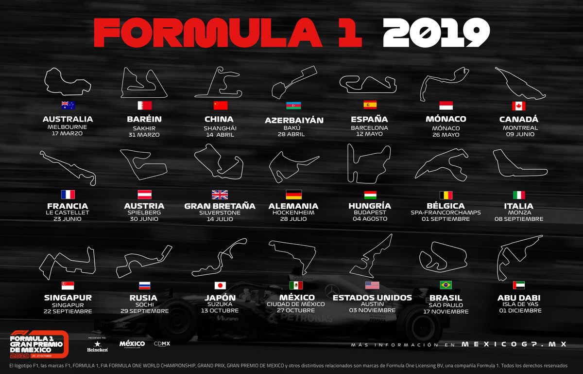 Calendario del Campeonato Mundial de la Fórmula 1 2019 (Twitter @mexicogp)