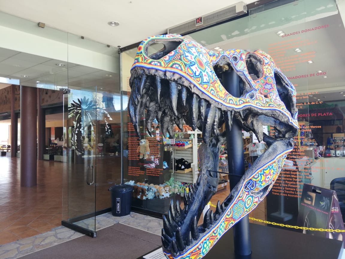 Réplicas de fósiles de dinosaurios con adorno huichol. (Ana Ponce)