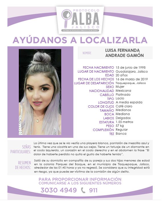 Buscan a Fernanda Andrade Gamón (Tomada de Twitter @ProtocoloAlba).