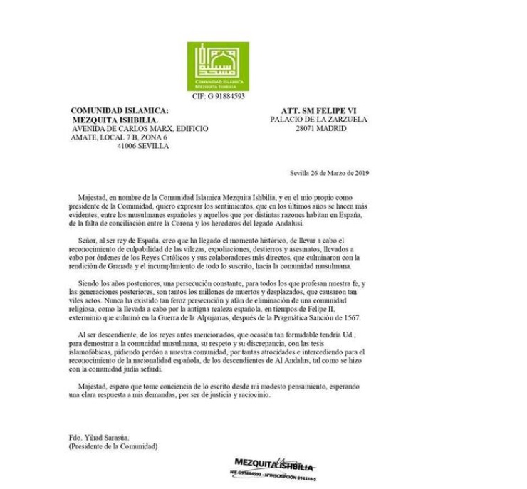 Carta enviada al rey de España.