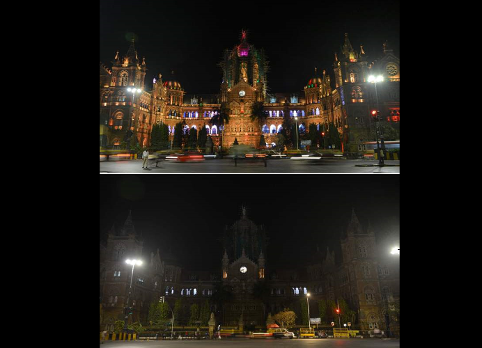 La estación ferroviaria Chhatrapati Shivaji Terminus, en Bombay, se unieron a la 13ª edición de la Hora del Planeta. (AFP)