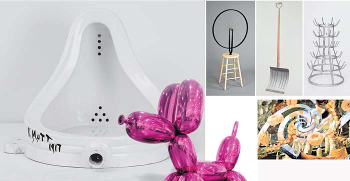 En la fila superior, algunas obras de Marcel Duchamp; en la inferior, muestras del arte de Jeff Koons. Cortesía