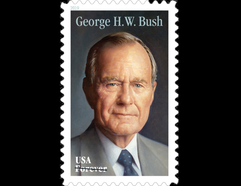 La estampilla postal tiene un retrato de Bush pintado por el artista Michael J. Deas. (AP)