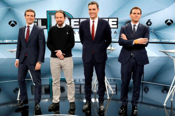 Pablo Casado, Pablo Iglesias, Pedro Sánchez y Albert Rivera, candidatos a presidente del gobierno de España. |EFE