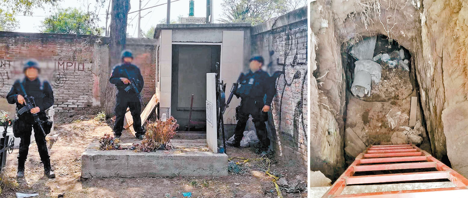 Elementos de la División de Fuerzas Federales aseguraron un túnel dentro de una capilla en cementerio de Santa Lucía, en Ciudad de México. (Especial)