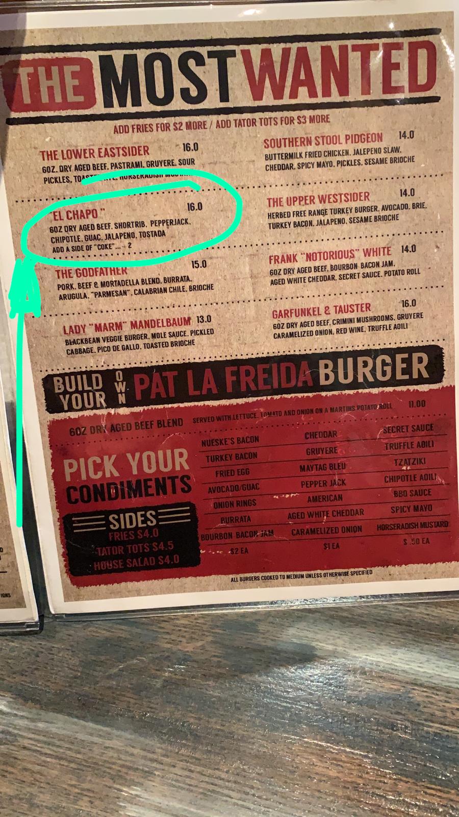 El Chapo es una de las hamburguesas más cara en el menú de este restaurante. (Juan Alberto Vázquez)