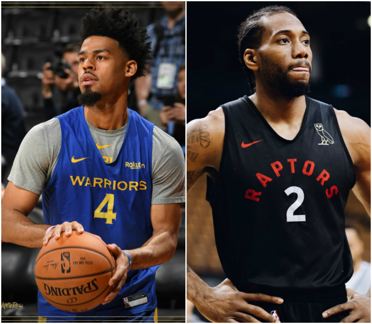 Quinn Cook y Kawhi Leonard preparándose para la Final (Twitter: @Warriors/ @Raptors)