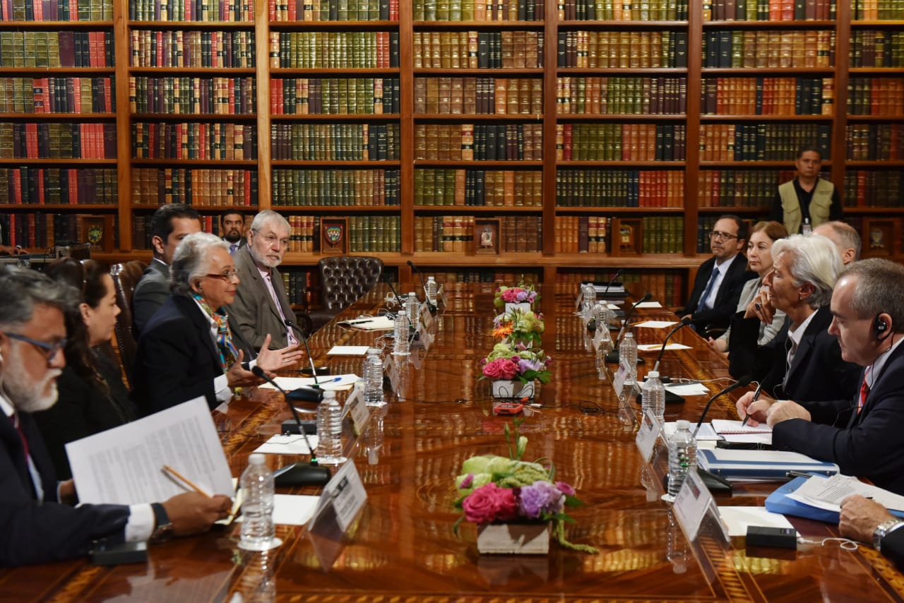 La secretaria de Gobernación, Olga Sánchez Cordero, recibió este jueves a  la directora del FMI, Christine Lagarde.