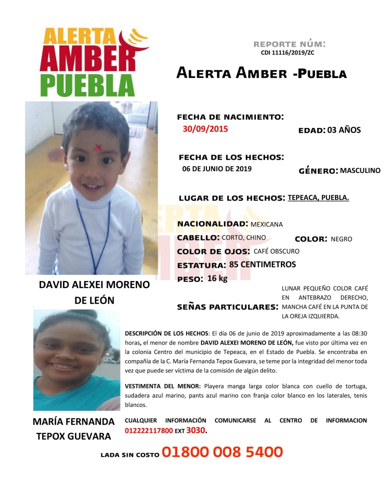 David Alexei Moreno de León de 3 años de edad.  El menor fue visto por última vez la mañana del 6 de junio de 2019 en la colonia Centro del municipio 