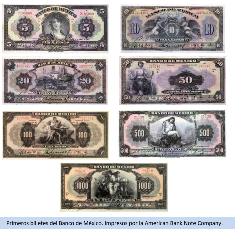 Primeros billetes del Banco de México. Impresos por la American Bank Note Company. (Banxico)