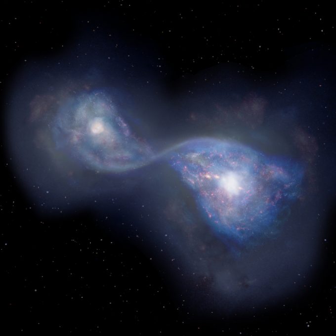 Representación artística de galaxias en colisión (Observatorio ALMA).