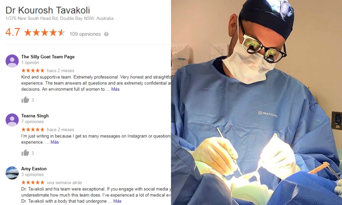 El cirujano plástico Kourosh tavakoli tiene una calificación actual en google de 4.7 estrellas. (Especial/Instagram)