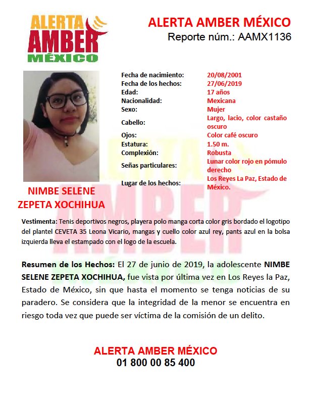Activan Alerta Amber para localizar a menor desaparecida en Estado de México. (@AAMBER_mx)