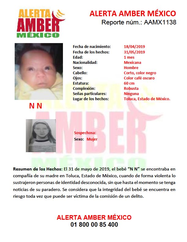 El menor fue visto por última ves en Toluca, Estado de México. (@AAMBER_mx)