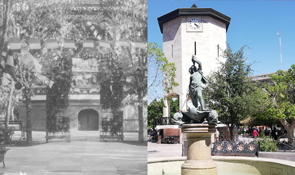 Plaza de Armas de Torreón, a inicios del siglo XX y como luce hoy en día. (Archivo)
